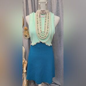 Mint Green and Blue Sleeveless Dress with Pearl Necklace